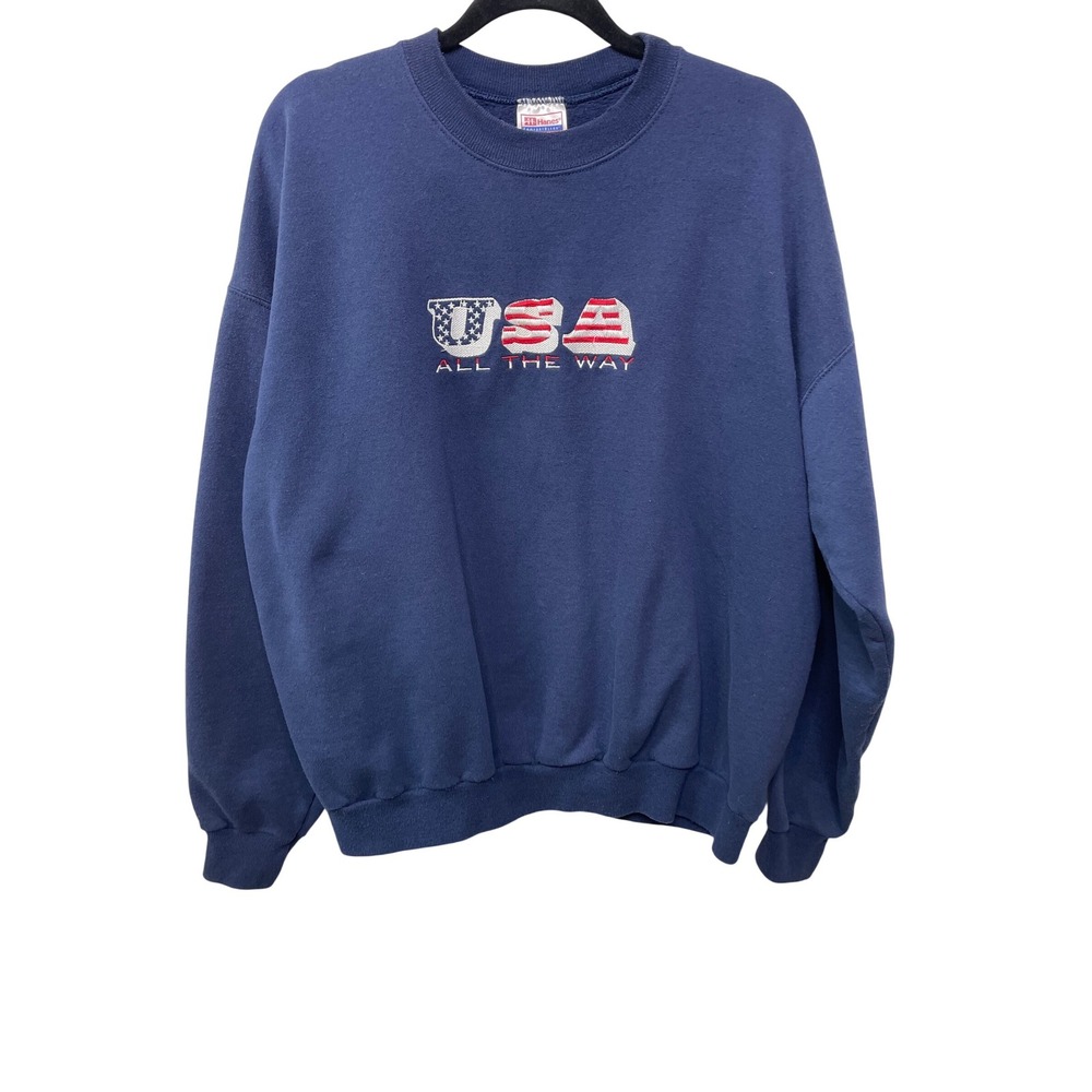 Vtg Hanes USA All The Way Embroidered Navy Blue Sweatshirt Adult XL 90s 4th July